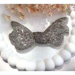 Silver Toned Marcasite Accented XL Ribboned Bow Vintage Brooch Pin